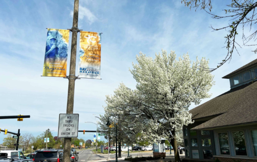 Light pole banners advertising the Bayshore Marathon