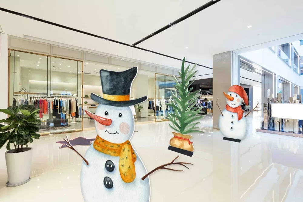 Snowmen Cutout Displays Inside of a Shopping Mall