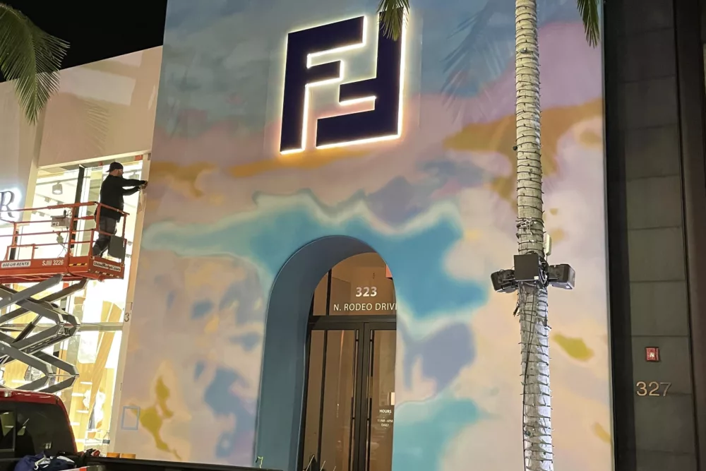 Fendi - Red truck front of building closer view