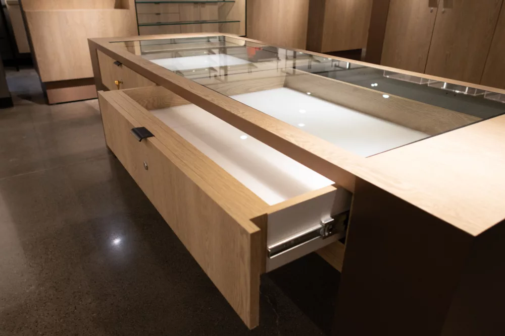 Retail Display Cabinet with Pull Out Drawer | Britten Custom Woodworks