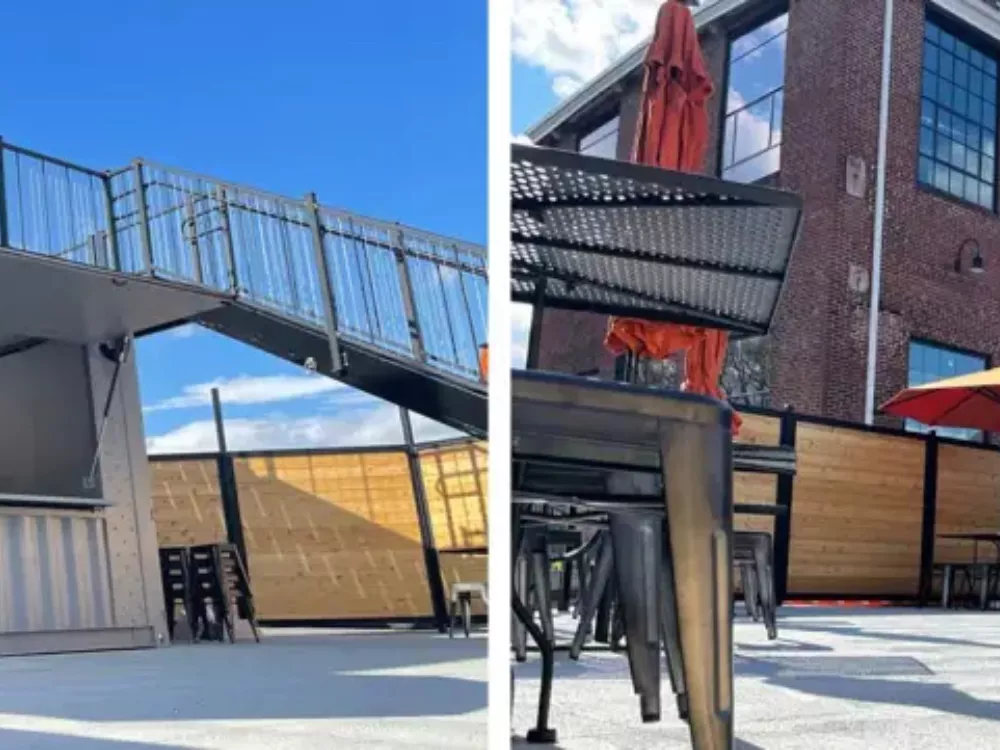 Custom BoxPop outdoor bar with rooftop seating for Apponaug Brewery