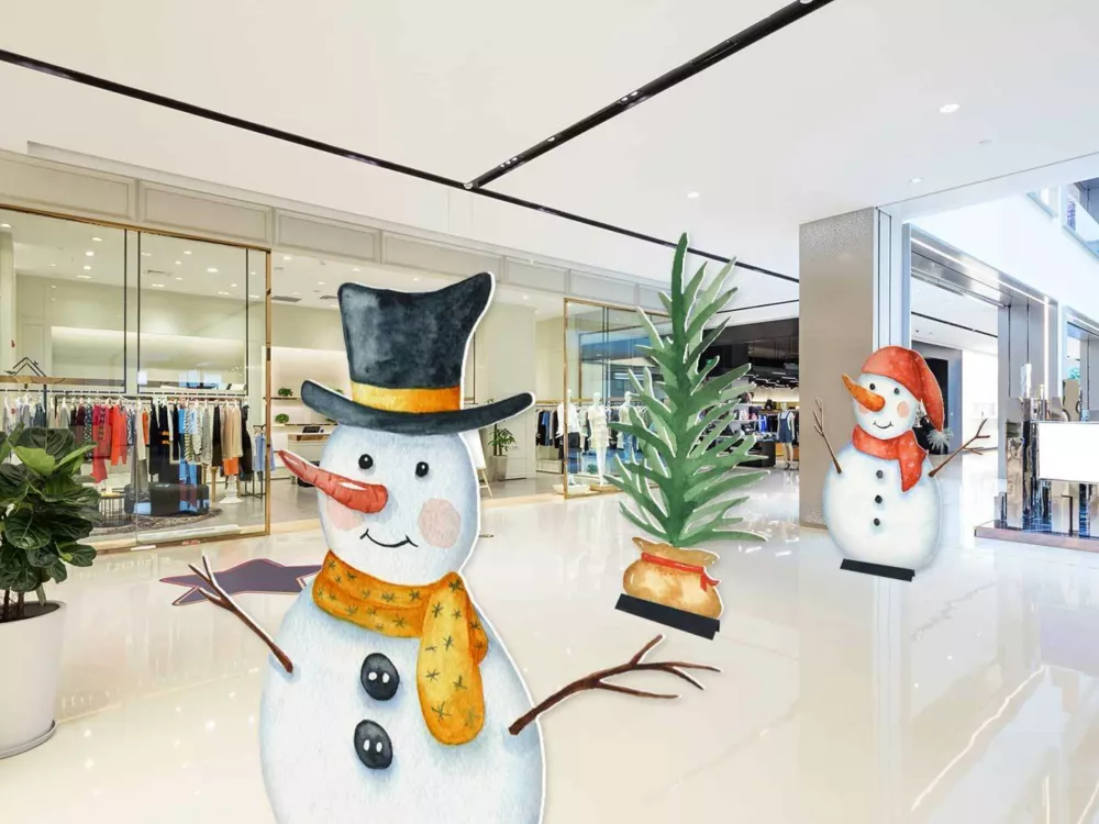 Snowmen Cutout Displays Inside of a Shopping Mall