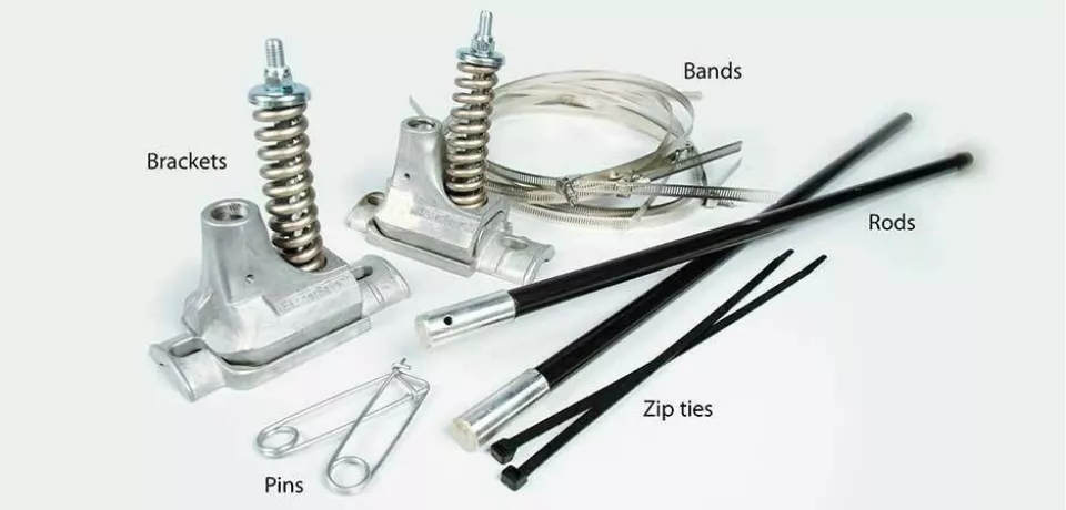 Banner Saver Light Pole Banner Brackets Taken Apart with Parts Labeled.