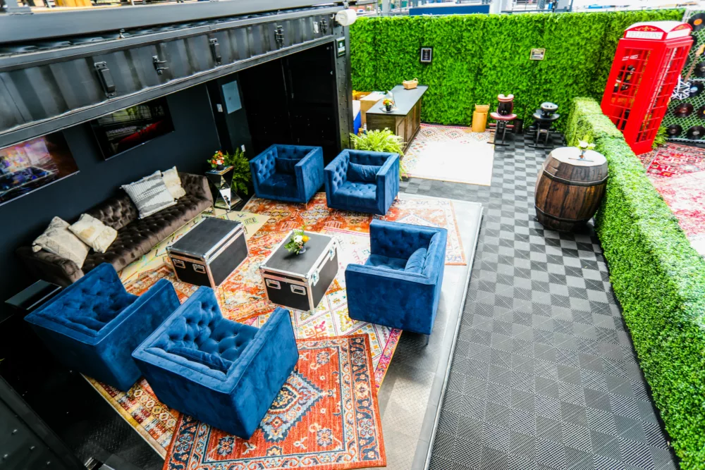 Custom Shipping Container With Seating Area and Rooftop Space | Outdoor Lounge Area